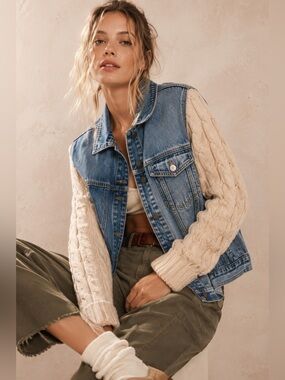 POL Boho Denim Jacket with Cable Knit Sleeves | Free People Style
